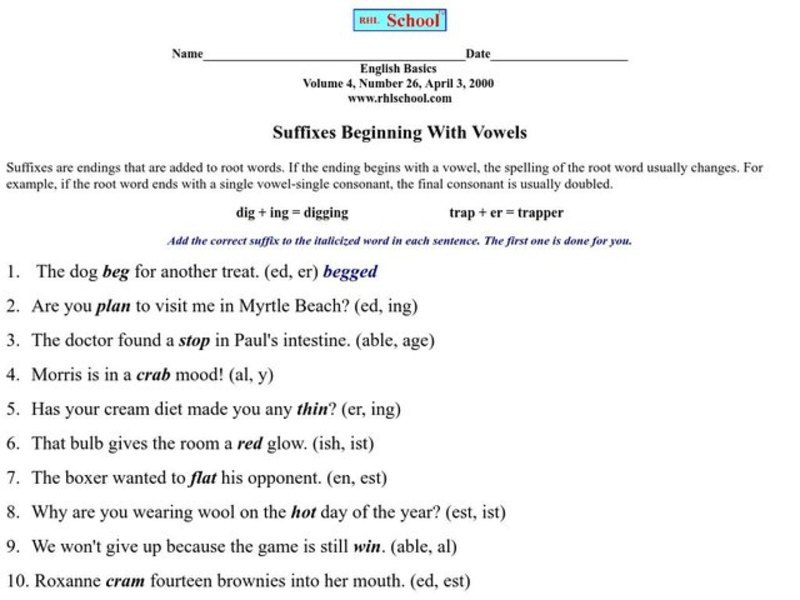 Suffixes Beginning With Vowels Worksheet
