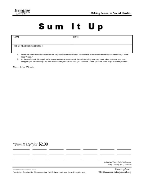 Sum It Up Worksheet for 3rd - 4th Grade | Lesson Planet