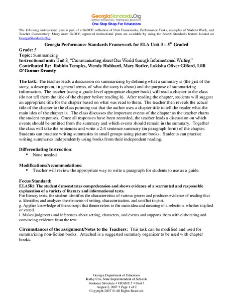 Summarizing Lesson Plan