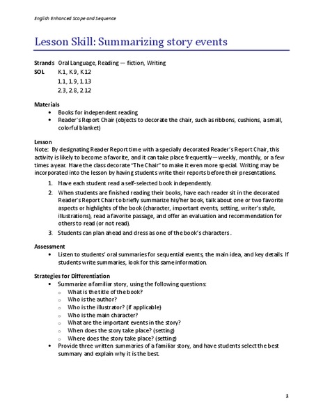 Summarizing Story Events Lesson Plan