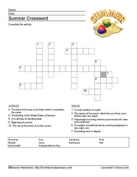 Summer Crossword Worksheet