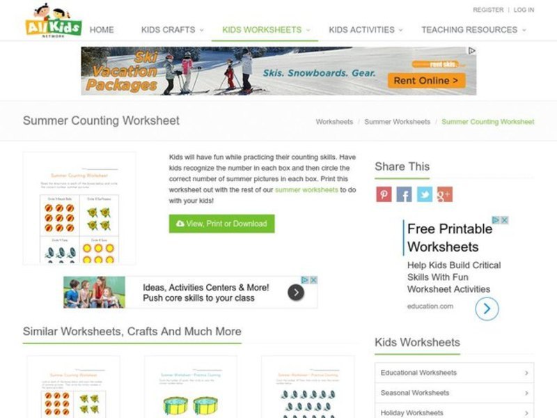 Summer Counting Worksheet Worksheet