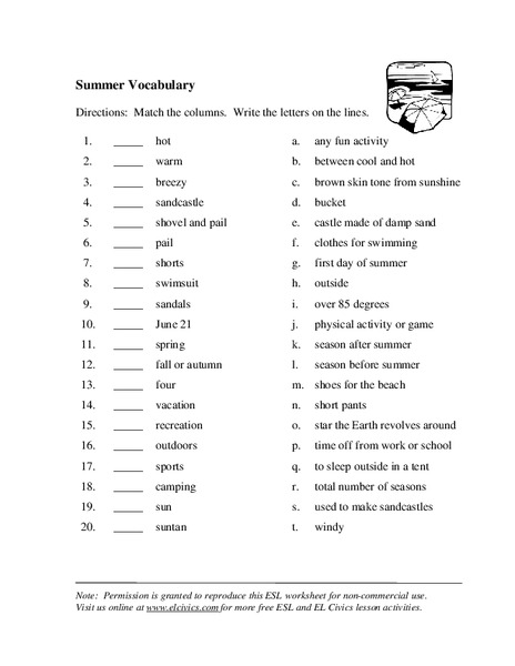 Summer Vocabulary Worksheet