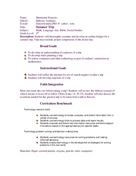 Summer Trip Lesson Plan