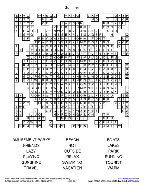 Summer Word Search Worksheet