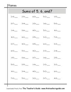 Sums of 5, 6 and 7 Worksheet