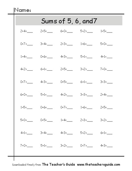 Sums of 5, 6 and 7 Worksheet