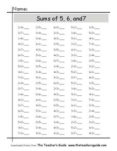 Sums of 5, 6 and 7 Worksheet