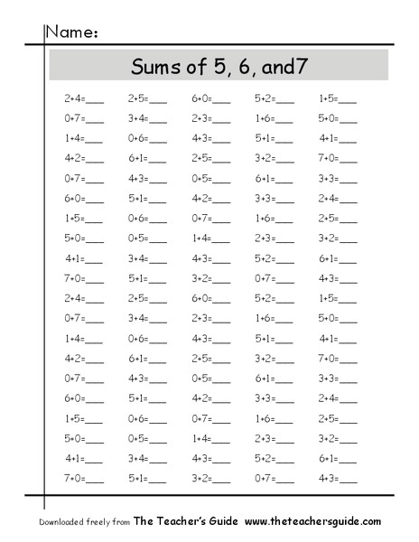 Sums of 5, 6 and 7 Worksheet