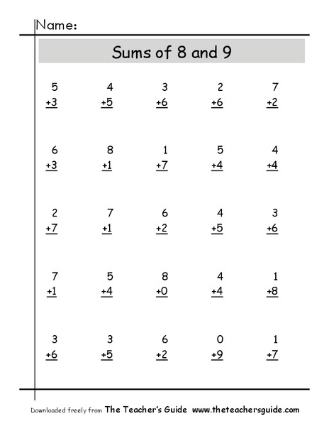 Sums of 8 and 9 Worksheet