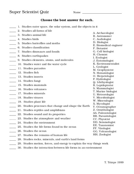 Super Scientist Quiz Worksheet