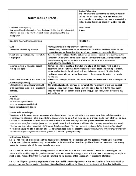 Super Dollar Special  Lesson Plan