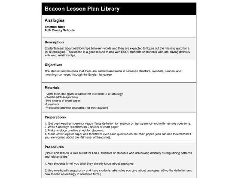 Analogies Lesson Plan