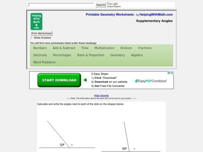 Supplementary Angles Worksheet