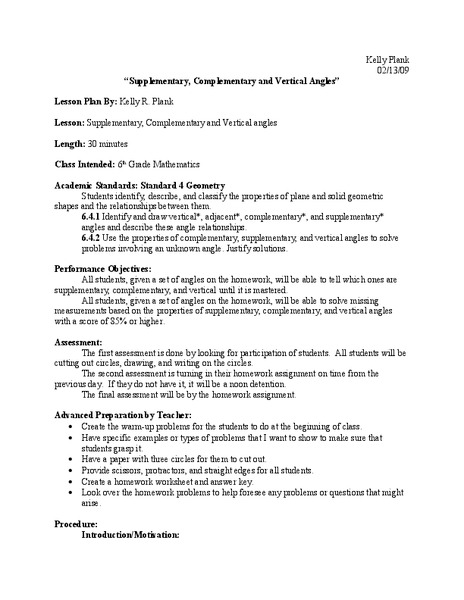 Supplementary, Complementary, and Vertical Angles Lesson Plan