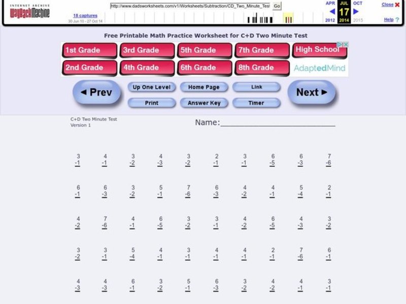 Subtraction: one digit numbers Worksheet