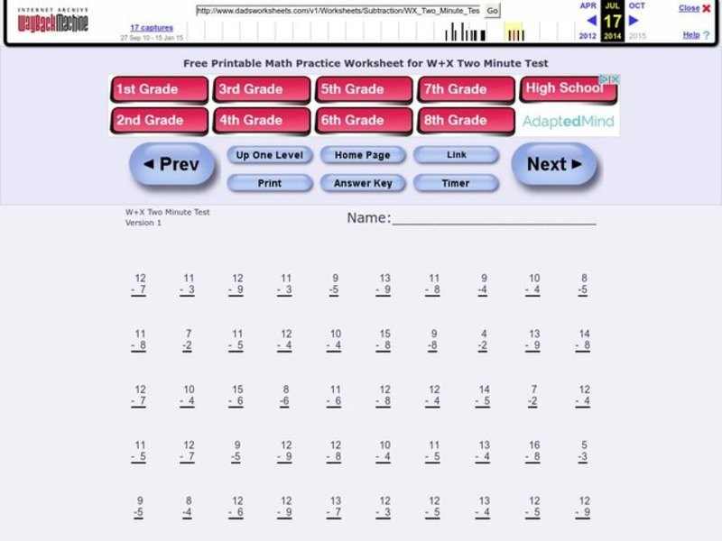 Subtraction: one digit numbers Worksheet