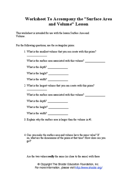 Surface Area and Volume Worksheet