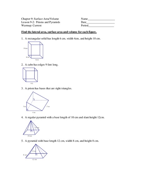 Surface Area and Volume Worksheet