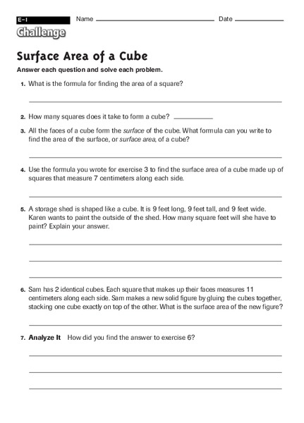 Surface area of a cube Worksheet