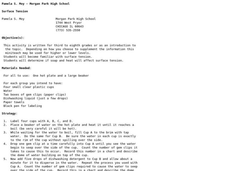 Surface Tension Lesson Plan