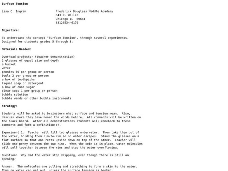 Surface Tension Lesson Plan