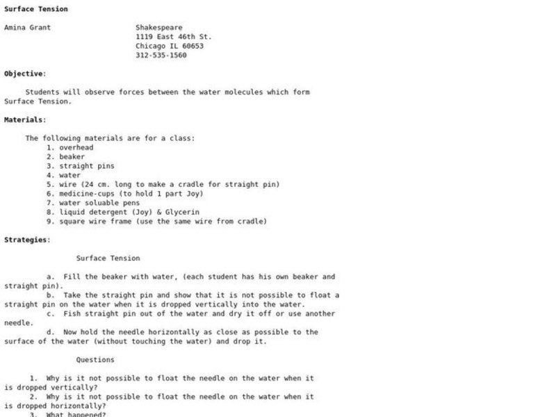 Surface Tension Lesson Plan