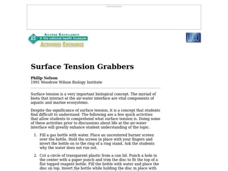 Surface Tension Grabbers Lesson Plan