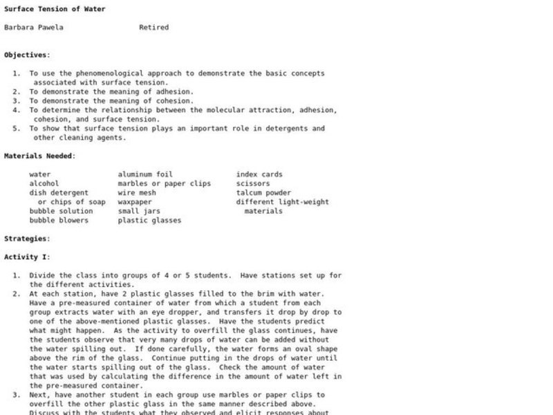 Surface Tension of Water Lesson Plan