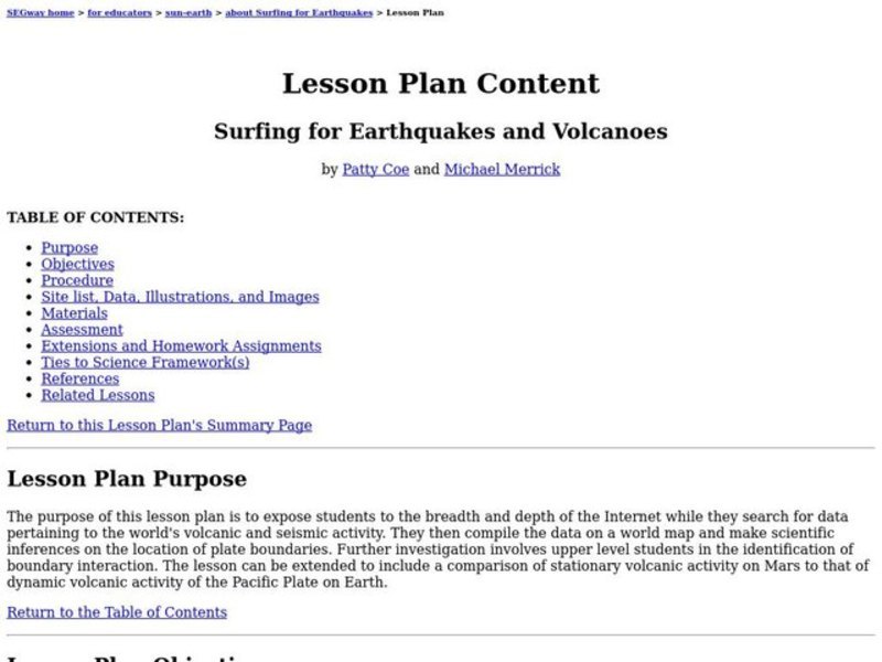 Surfing for Earthquakes and Volcanoes Lesson Plan