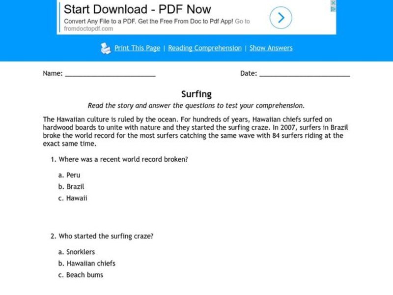 Surfing Worksheet