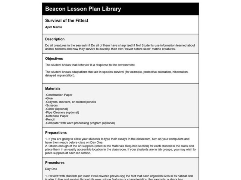 Survival of the Fittest Lesson Plan