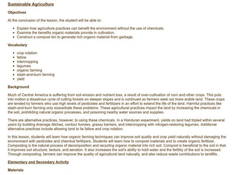 Sustainable Agriculture Lesson Plan
