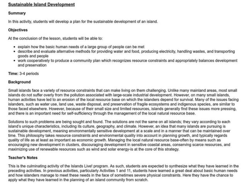 Sustainable Island Development Lesson Plan