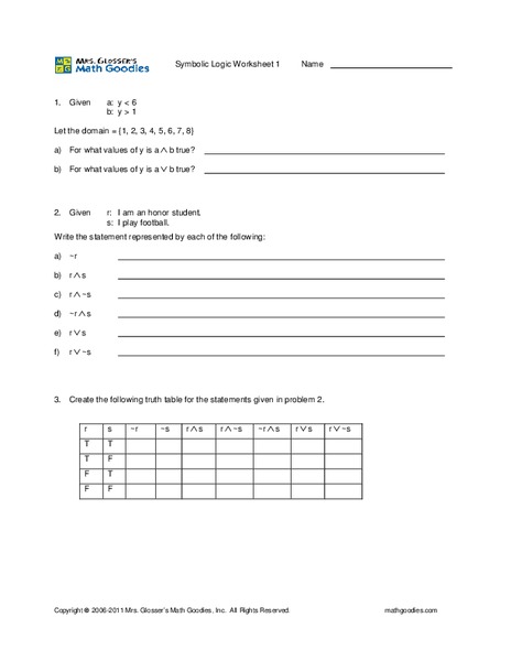 Symbolic Logic Worksheet