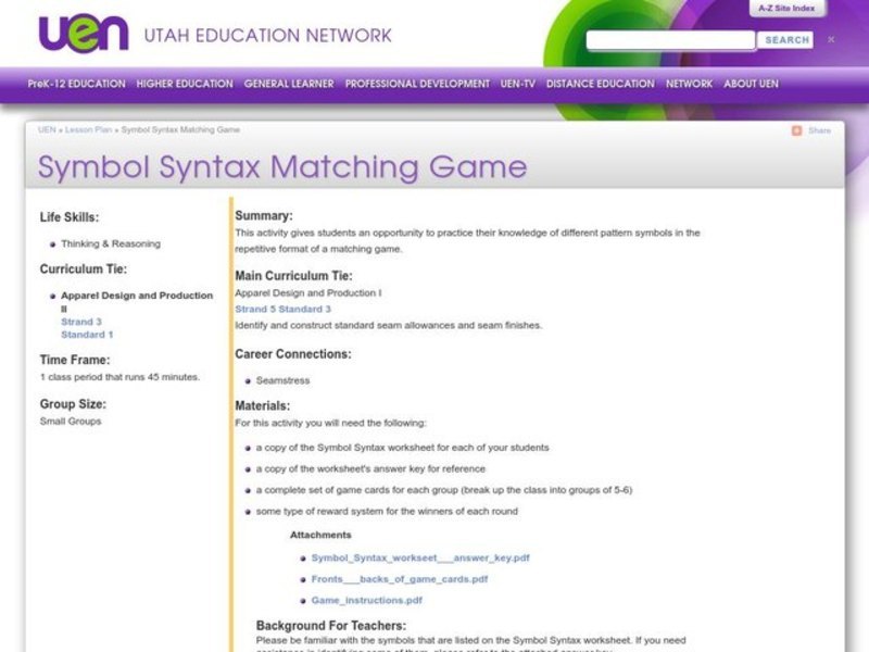 Symbol Syntax Matching Game Lesson Plan