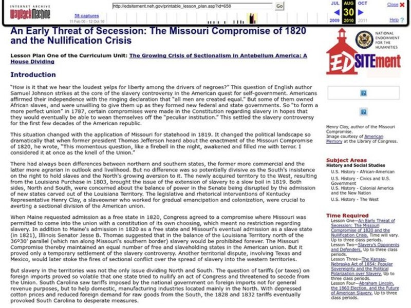 An Early Threat of Secession: The Missouri Compromise of 1820 and the Nullification Crisis Lesson Plan