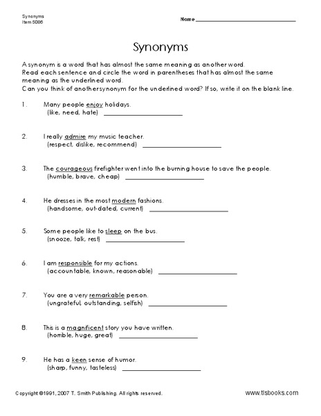 Synonyms Worksheet