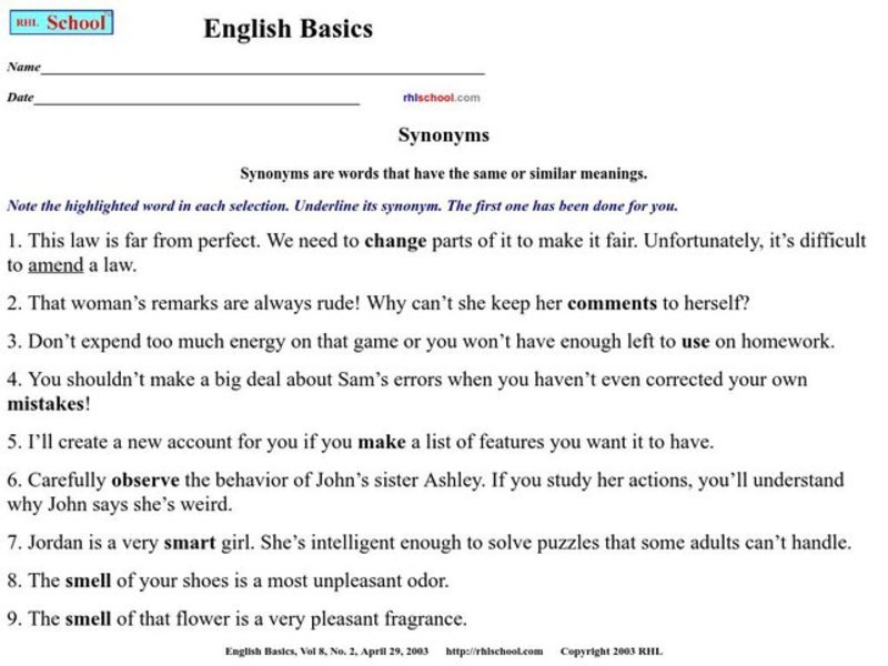 Synonyms Worksheet