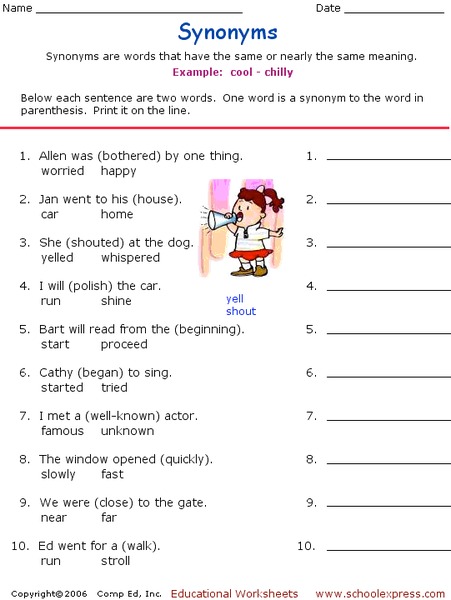Synonyms Worksheet