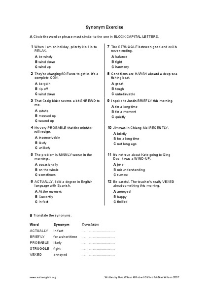 Synonyms Worksheet