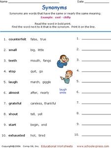 Synonyms Worksheet