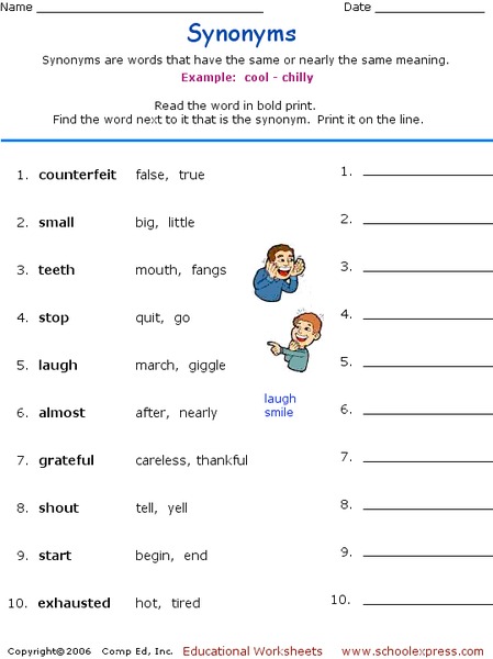 Synonyms Worksheet