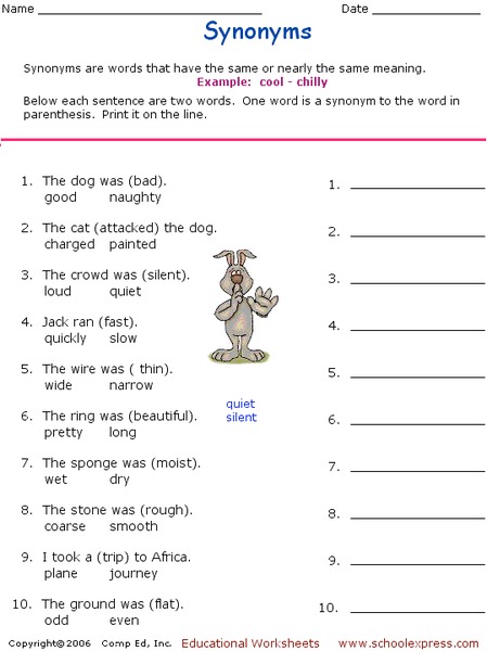 Synonyms Worksheet