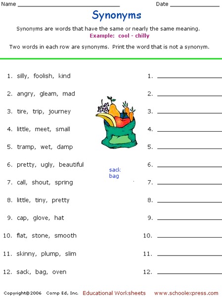 Synonyms Worksheet