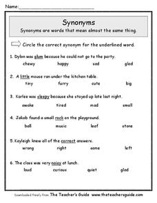 Synonyms Worksheet