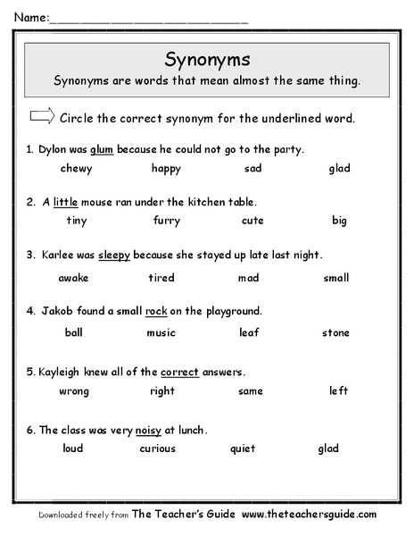 Synonyms Worksheet