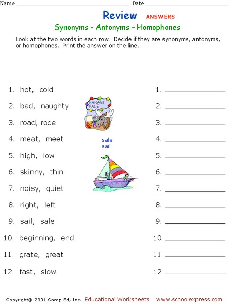 Synonyms - Antonyms - Homophones Worksheet