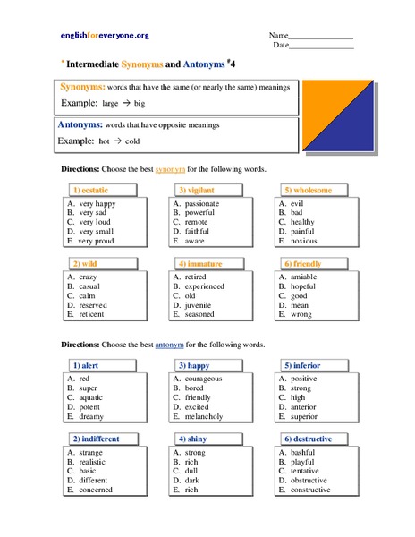 Synonyms and Antonyms Worksheet