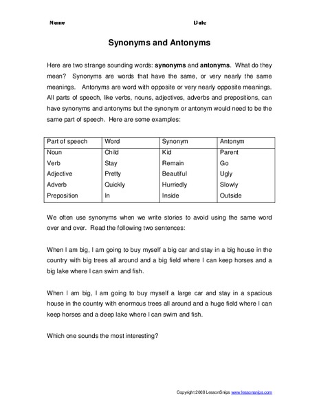 Synonyms and Antonyms Worksheet